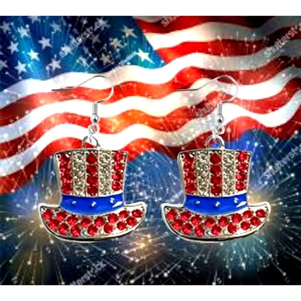 New Uncle Sam Hat Earrings Red Blue Clear Rhinestones Dangle Patriotic J…